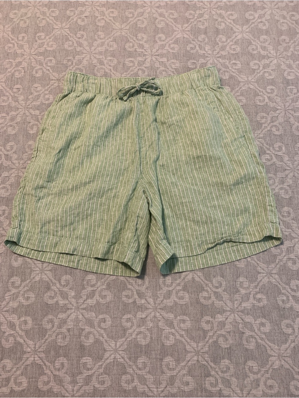 Lands' End 100% Linen Mint Green Pinstripe Drawstring Shorts (Size M/10-12)